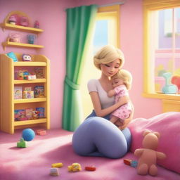 A tender scene featuring a 35-year-old mother with short blond hair and a slim body type, cuddling her 10-year-old daughter in a colorful girls' room brimming with toys and large windows allowing bright daylight, both looking towards the viewer