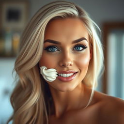 A seductive, hot blonde woman with a playful and alluring expression, featuring a swirl of sexy chantilly cream adorning her lips and mouth