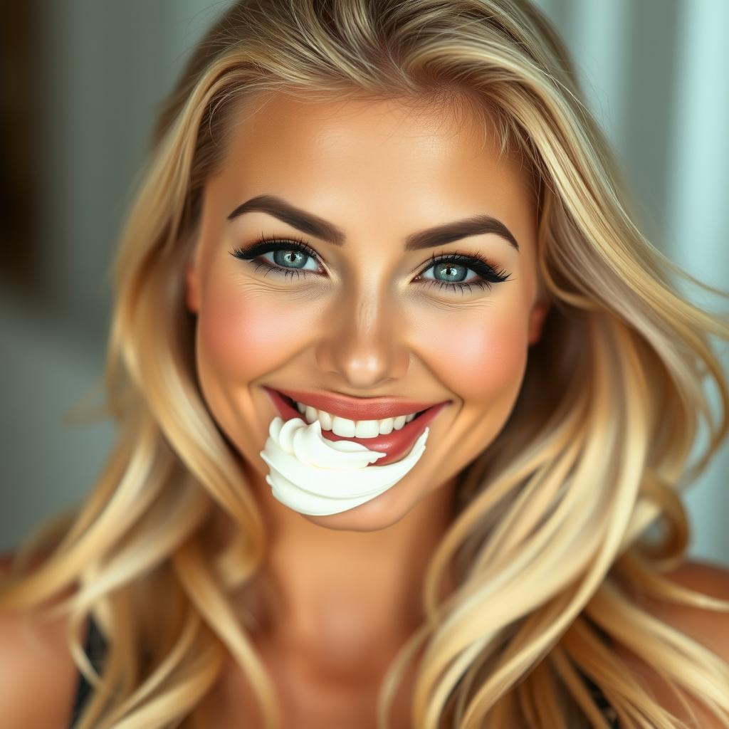 A seductive, hot blonde woman with a playful and alluring expression, featuring a swirl of sexy chantilly cream adorning her lips and mouth