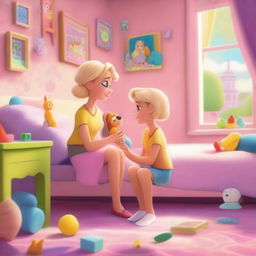A tender scene featuring a 35-year-old mother with short blond hair and a slim body type, cuddling her 10-year-old daughter in a colorful girls' room brimming with toys and large windows allowing bright daylight, both looking towards the viewer