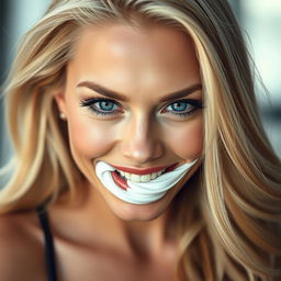 A seductive, hot blonde woman with a playful and alluring expression, featuring a swirl of sexy chantilly cream adorning her lips and mouth