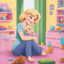 A tender scene featuring a 35-year-old mother with short blond hair and a slim body type, cuddling her 10-year-old daughter in a colorful girls' room brimming with toys and large windows allowing bright daylight, both looking towards the viewer