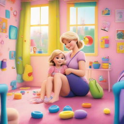 A tender scene featuring a 35-year-old mother with short blond hair and a slim body type, cuddling her 10-year-old daughter in a colorful girls' room brimming with toys and large windows allowing bright daylight, both looking towards the viewer