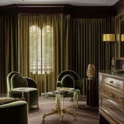 An opulently styled hotel room with dark wooden floors, a black bed and matching side tables. Beige velvet curtains pair with white sheer curtains for depth. Two accent coffee chairs, perhaps of deep emerald green velvet with gold accents, accompany a glass top coffee table, and an ornate gold console table.