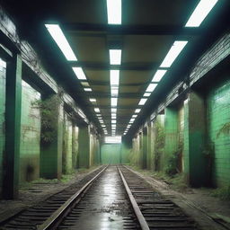 An old, abandoned subway station with high-tech, futuristic elements