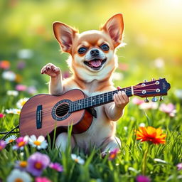 A cute chihuahua dog energetically playing a guitar, sitting on a vibrant green grassy field with colorful flowers around