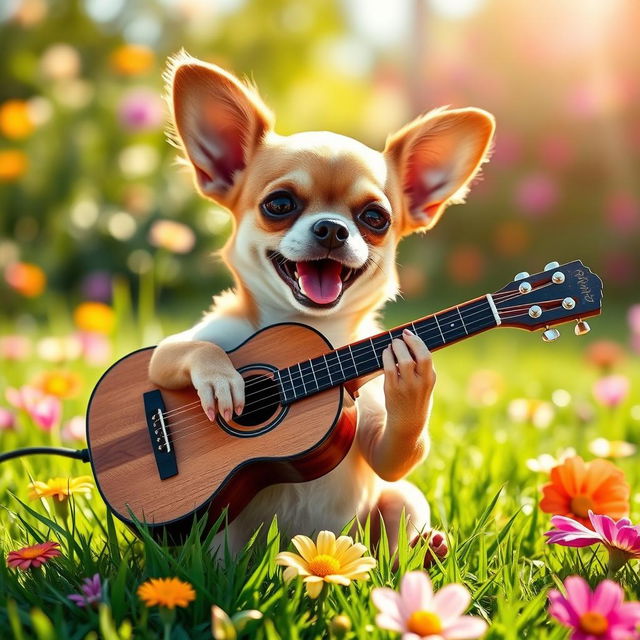 A cute chihuahua dog energetically playing a guitar, sitting on a vibrant green grassy field with colorful flowers around