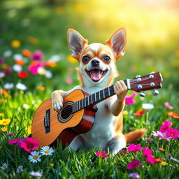 A cute chihuahua dog energetically playing a guitar, sitting on a vibrant green grassy field with colorful flowers around