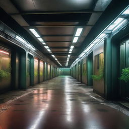 An old, abandoned subway station with high-tech, futuristic elements