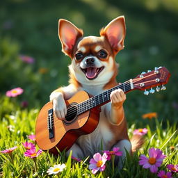 A cute chihuahua dog energetically playing a guitar, sitting on a vibrant green grassy field with colorful flowers around