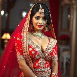An enchanting image of a beautiful 25-year-old Greek woman showcasing her elegance as she wears a stunning desi bridal dress
