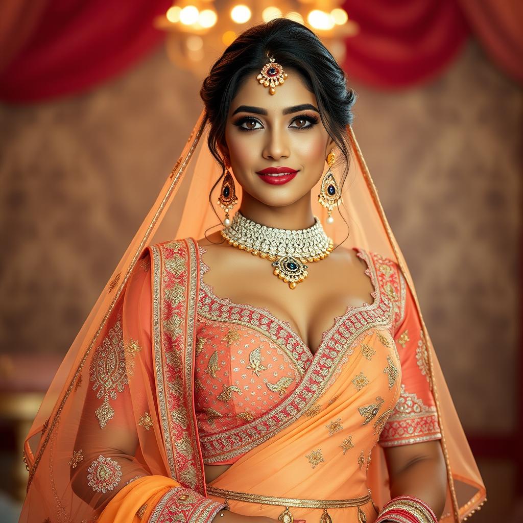 An enchanting image of a beautiful 25-year-old Greek woman showcasing her elegance as she wears a stunning desi bridal dress