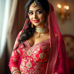 An enchanting image of a beautiful 25-year-old Greek woman showcasing her elegance as she wears a stunning desi bridal dress