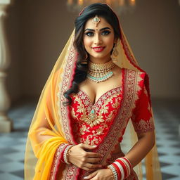 An enchanting image of a beautiful 25-year-old Greek woman showcasing her elegance as she wears a stunning desi bridal dress