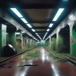 An old, abandoned subway station with high-tech, futuristic elements