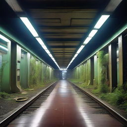 An old, abandoned subway station with high-tech, futuristic elements