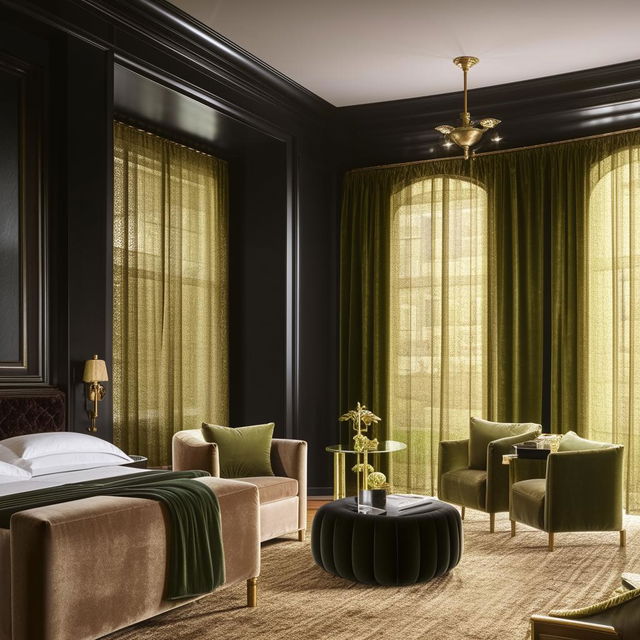 An opulently styled hotel room with dark wooden floors, a black bed and matching side tables. Beige velvet curtains pair with white sheer curtains for depth. Two accent coffee chairs, perhaps of deep emerald green velvet with gold accents, accompany a glass top coffee table, and an ornate gold console table.