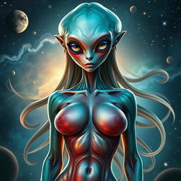 A stunning female alien standing confidently, showcasing her unique features, including four elegantly proportioned breasts