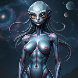 A stunning female alien standing confidently, showcasing her unique features, including four elegantly proportioned breasts