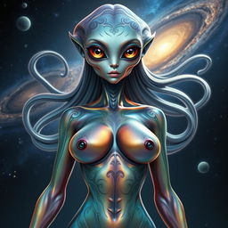 A stunning female alien standing confidently, showcasing her unique features, including four elegantly proportioned breasts