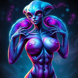 A stunning female alien with six breasts, showcasing an otherworldly beauty