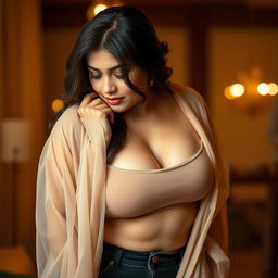 A striking image of a beautiful 25-year-old woman with a voluptuous figure, wearing a stylish low-cut top