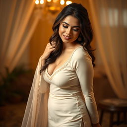 A captivating image of a beautiful 25-year-old woman with a voluptuous figure, dressed in a traditional tight-fitting shalwar kameez that elegantly emphasizes her curves