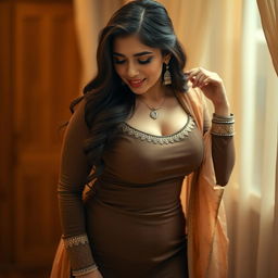 A captivating image of a beautiful 25-year-old woman with a voluptuous figure, dressed in a traditional tight-fitting shalwar kameez that elegantly emphasizes her curves
