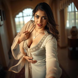 A mesmerizing image of a beautiful 25-year-old woman with a voluptuous figure, dressed in a traditional tight-fitting shalwar kameez that highlights her curves