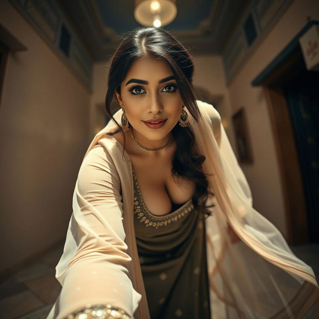 A mesmerizing image of a beautiful 25-year-old woman with a voluptuous figure, dressed in a traditional tight-fitting shalwar kameez that highlights her curves