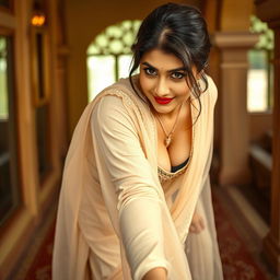 A mesmerizing image of a beautiful 25-year-old woman with a voluptuous figure, dressed in a traditional tight-fitting shalwar kameez that highlights her curves