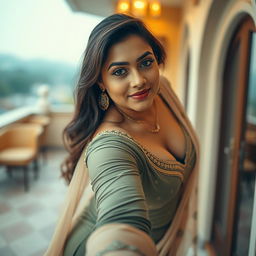 A stunning image of a beautiful 25-year-old woman with a voluptuous figure, wearing a traditional tight-fitting shalwar kameez that perfectly accentuates her curves
