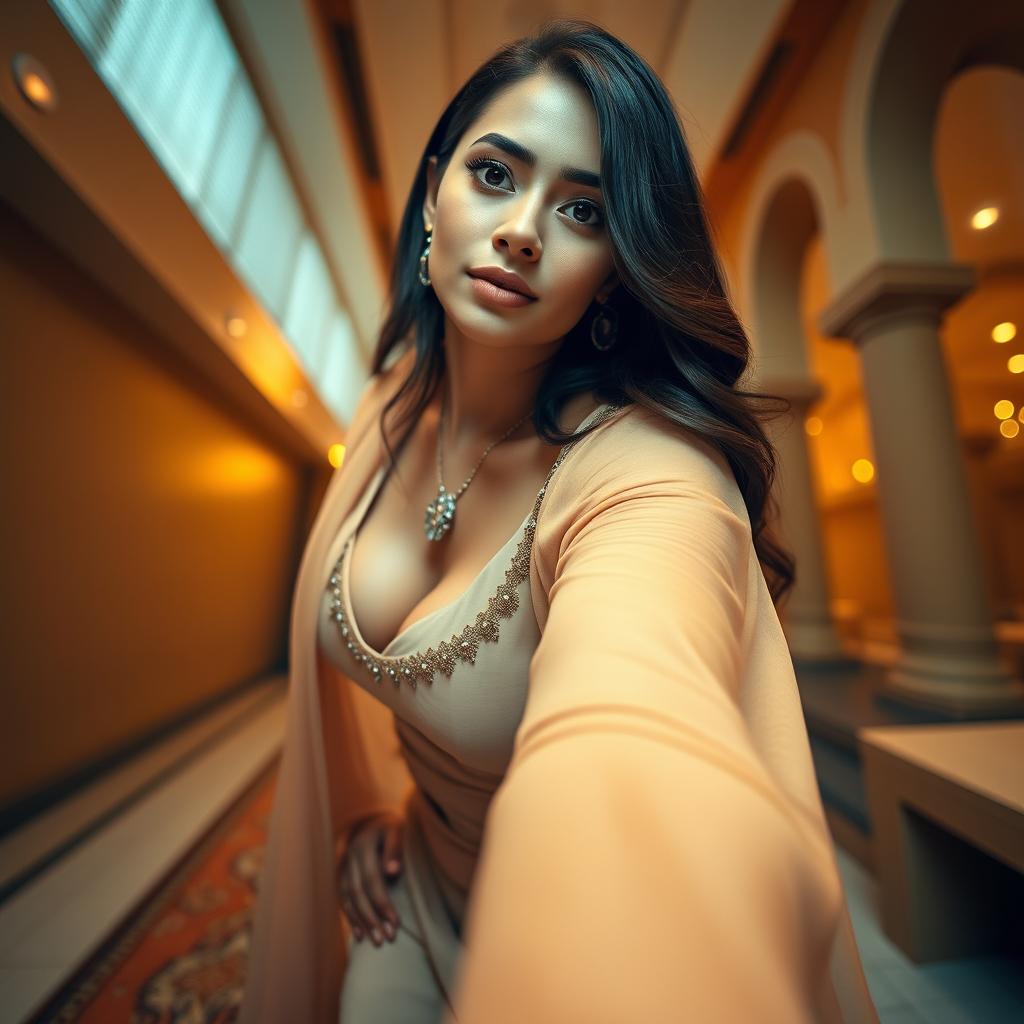 A stunning image of a beautiful 25-year-old woman with a voluptuous figure, wearing a traditional tight-fitting shalwar kameez that perfectly accentuates her curves