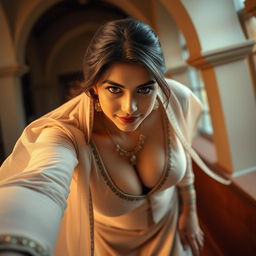 A stunning image of a beautiful 25-year-old woman with a voluptuous figure, wearing a traditional tight-fitting shalwar kameez that perfectly accentuates her curves