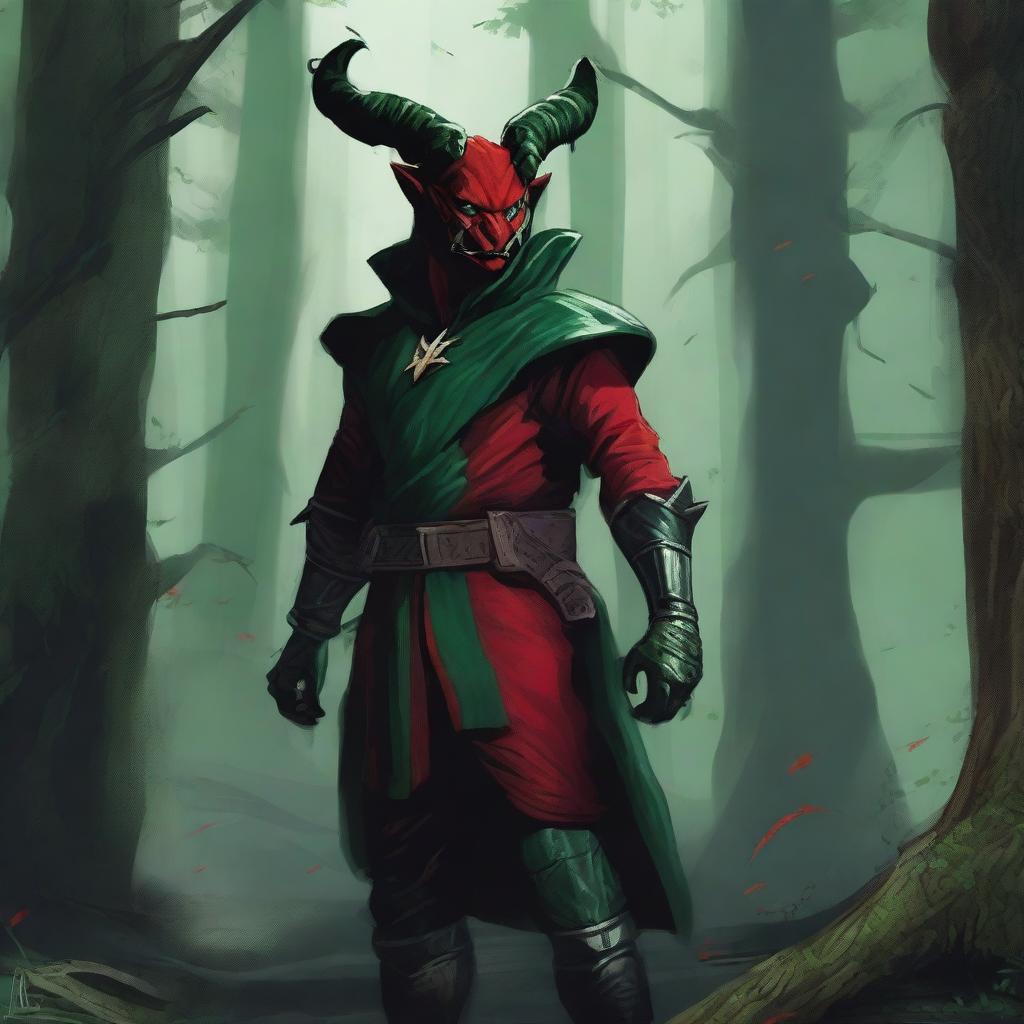 A red Tiefling dressed in a green ranger's clothing, commanding fey magic, stands amidst the gloom of a dense, dark forest.