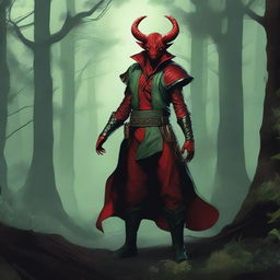 A red Tiefling dressed in a green ranger's clothing, commanding fey magic, stands amidst the gloom of a dense, dark forest.