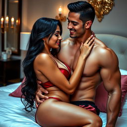 A hot Indian wife wearing sexy satin lingerie, intimately interacting with a muscular man