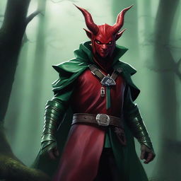 A red Tiefling dressed in a green ranger's clothing, commanding fey magic, stands amidst the gloom of a dense, dark forest.