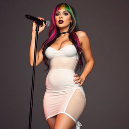 A full-length portrait of a stunning, hourglass-shaped girl with a tight, exposed belly, wide hips, thick thighs, and legs dressed in a very short, skin-tight, white, transparent mini dress