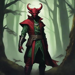 A red Tiefling dressed in a green ranger's clothing, commanding fey magic, stands amidst the gloom of a dense, dark forest.