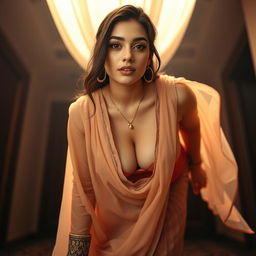 A striking image of a beautiful 25-year-old woman with a voluptuous figure, wearing a traditional tight-fitting shalwar kameez that highlights her curves