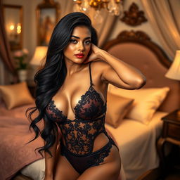 A hot Indian wife wearing sexy satin lingerie, captured in a seductive pose that conveys sensuality and intimacy