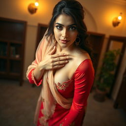 A captivating image of a beautiful 25-year-old woman with a voluptuous figure, dressed in a traditional tight-fitting shalwar kameez that beautifully accentuates her curves