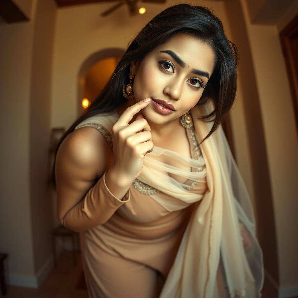 A captivating image of a beautiful 25-year-old woman with a voluptuous figure, dressed in a traditional tight-fitting shalwar kameez that beautifully accentuates her curves