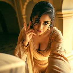 A captivating image of a beautiful 25-year-old woman with a voluptuous figure, dressed in a traditional tight-fitting shalwar kameez that beautifully accentuates her curves