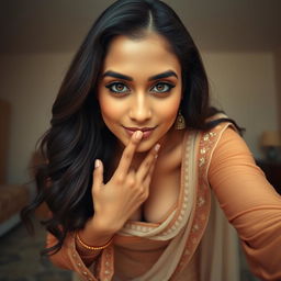 A captivating image of a beautiful 25-year-old woman with a voluptuous figure, dressed in a traditional tight-fitting shalwar kameez that enhances her alluring curves