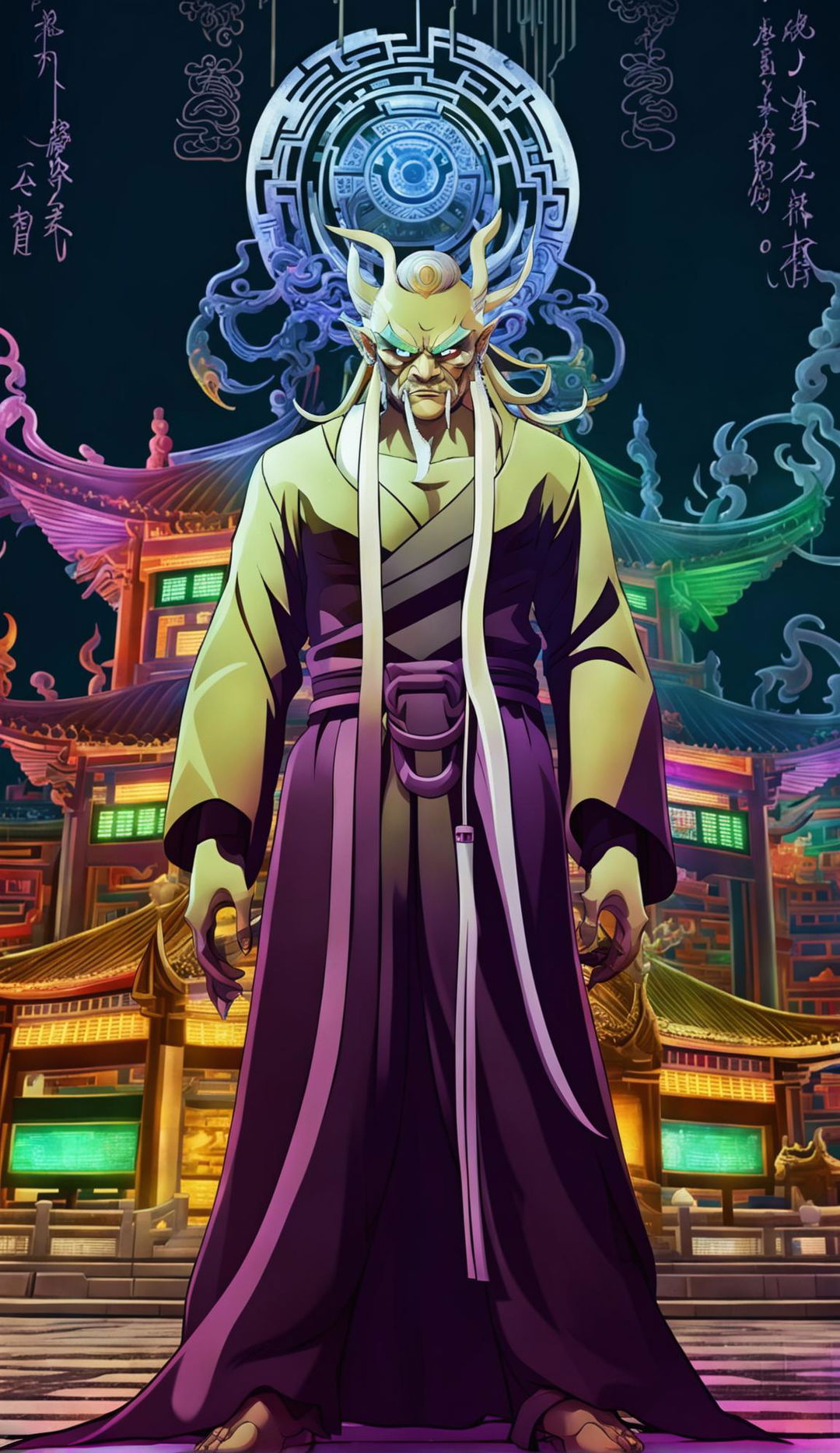 Anime-style large and menacing-looking Chinese villain in an ancient Chinese inspired futuristic temple