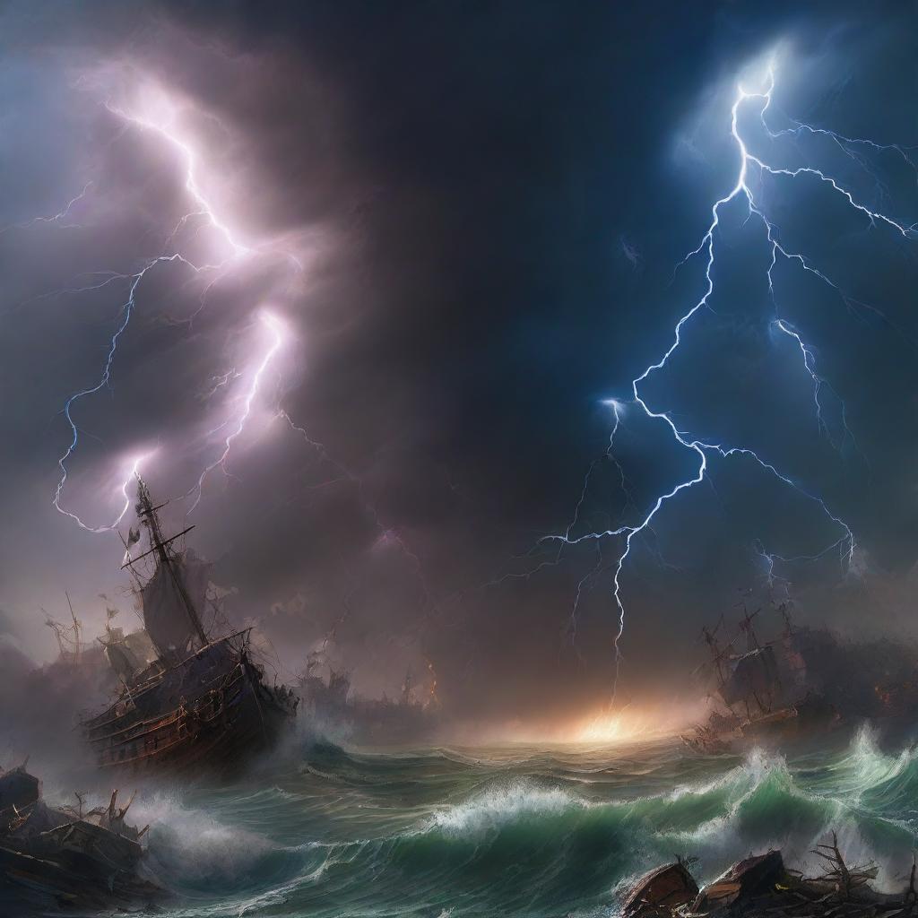 A chaotic landscape where the forces of nature are in an uproar, with tornadoes, raging oceans, and bolts of lightning symbolizing the reign of chaos