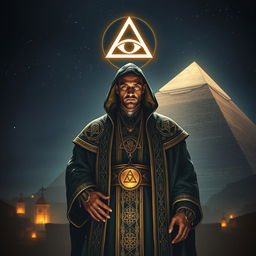 A dramatic depiction of an Illuminati member, specifically featuring a character named ELI WEFFER