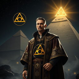 A dramatic depiction of an Illuminati member, specifically featuring a character named ELI WEFFER